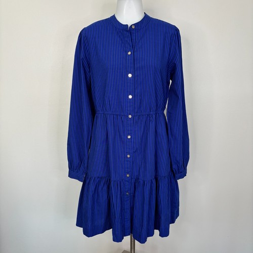 Draper James Dress Medium Blue Striped Button-Through Pockets Long Sleeve Womens