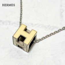 HERMES Necklace Cage d'Ash H Cube Metal White Silver