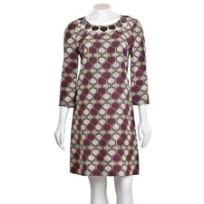 Tory Burch 100% Silk Print Shift Dress w/ 3/4 Length Sleeves & Beaded Neck sz 6