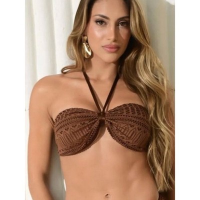 Brown Crochet Bandeau Brazilian Bikini Set Ring Detail Swimwear - Small