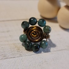 Handmade Copper Wire Wrapped Ring with Green Stone Beads Boho Adjustable
