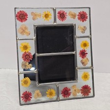 Vintage Stained Glass Pressed Dried Flowers Picture Frame Cottage Summer Boho
