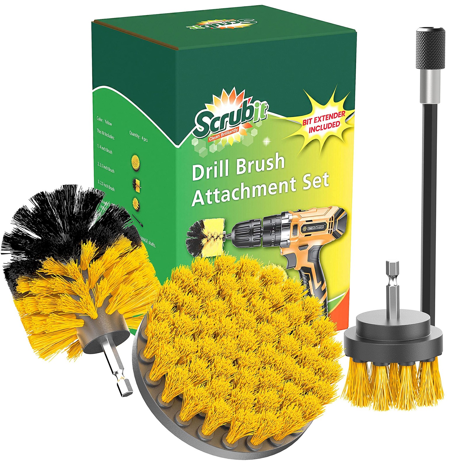 SCRUBIT DRILL BRUSH ATTACHMENT SET POWER SCRUBBER TILE GROUT TOOL - YELLOW