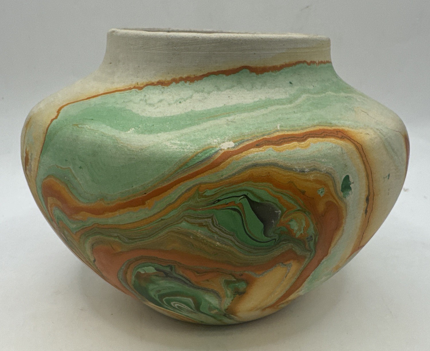 Vintage Nemadji Pottery Vase Green Orange Swirl Indian Head Mark