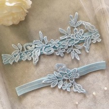 Sky Blue Lace Wedding Garter Set 2 Piece Floral Bridal Thigh Bands 40-60cm