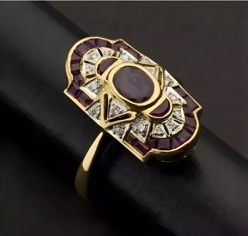 Art Deco Style Oval Ruby Lab Created Diamond 14K Yellow Gold FN Engagement Ring