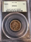 Stunning 1863 Indian Head Cent! MS 62 OGH! No Reserve Auction!