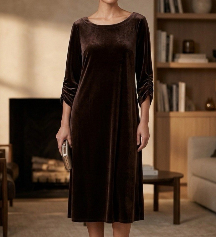 Susan Graver Womens Velvet Midi Dress Size 2X Whimsigoth Grunge Brown Elegant