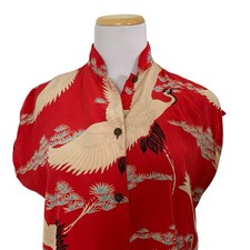 Vtg Avanti 100% Silk Hawaiian Shirt Red Cranes Women’s S Button Up Front Pockets