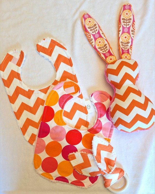 Boutique Baby Toddler Dots Chevron Chenille Bib, Teether, And Stuffed Bunny Set