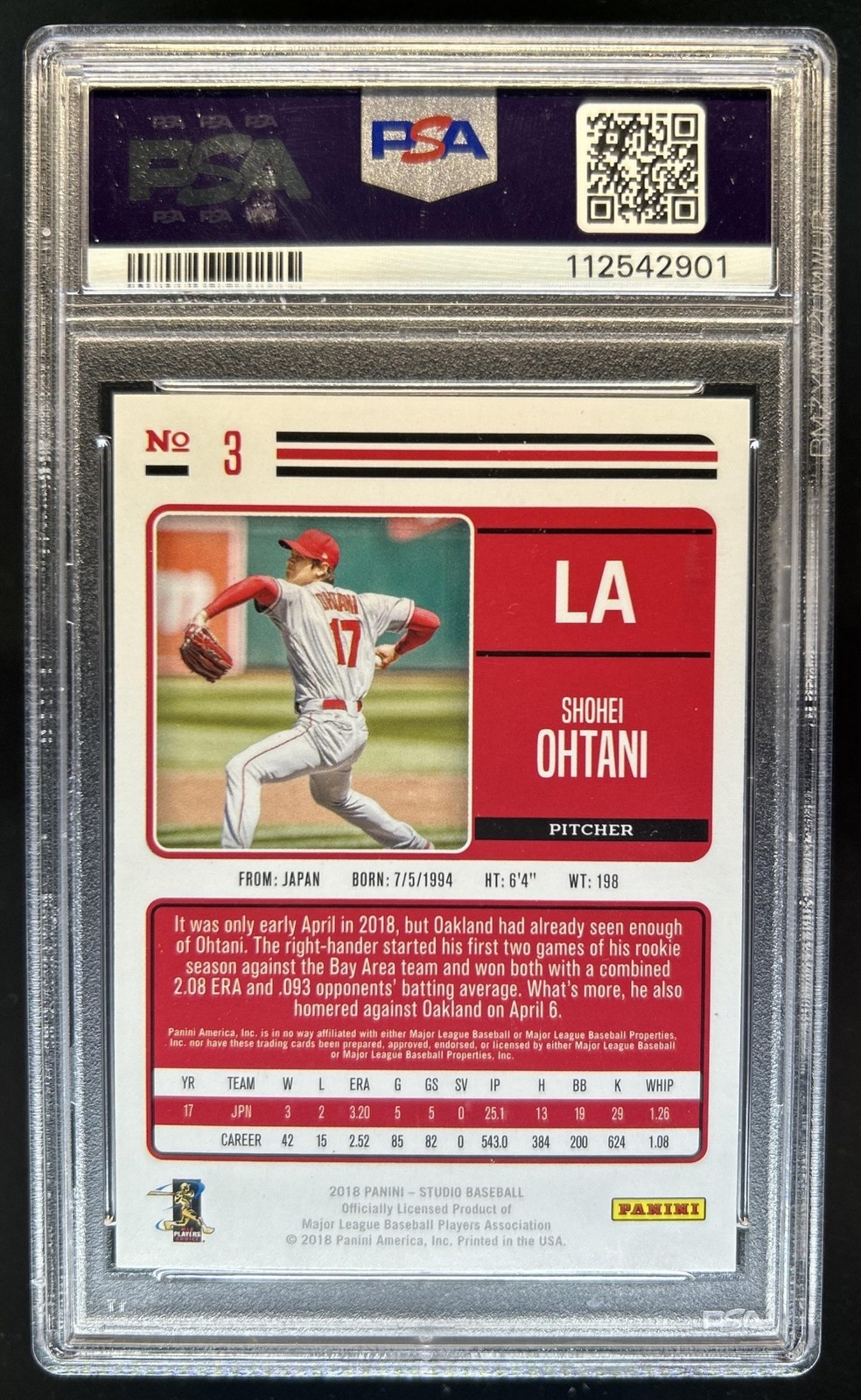 2018 Chronicles Shohei Ohtani Studio Rookie RC #3 Angels PSA 10 GEM MINT view 2