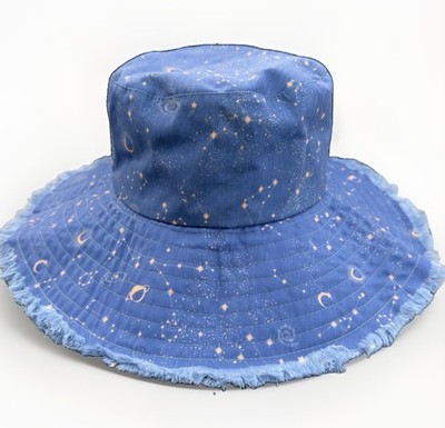 Peter Grimm Celestial Constellation Moon Stars Wide Brim Bucket Sun Hat Blue
