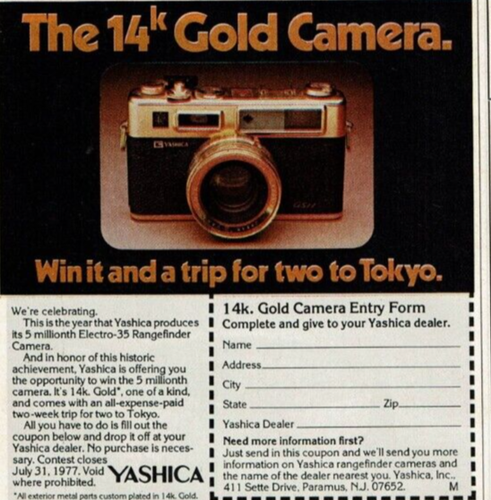 Pubblicità Stampa Vintage 1977 La Macchina Fotografica Oro 14K Win it and a trip Tokyo Yashica