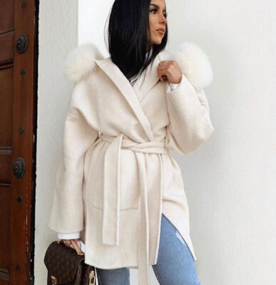 Women Wool Coat Fur Collar Cuff Hood Cashmere Jacket Belt