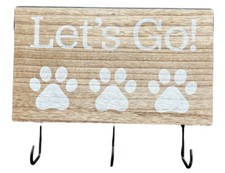 LET'S GO Paw Print Design 3 Hook Leash Key Bag Wall hang Wood Frame