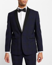 NEW EXPRESS 348 BLUE SLIM PLAID WOOL BLEND TUXEDO BLAZER JACKET SZ 40S