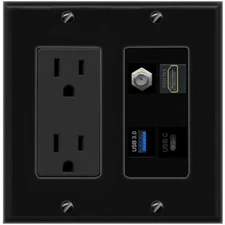 COAX HD USB-3 USBC Port Wall Plate Black w Power Outlet
