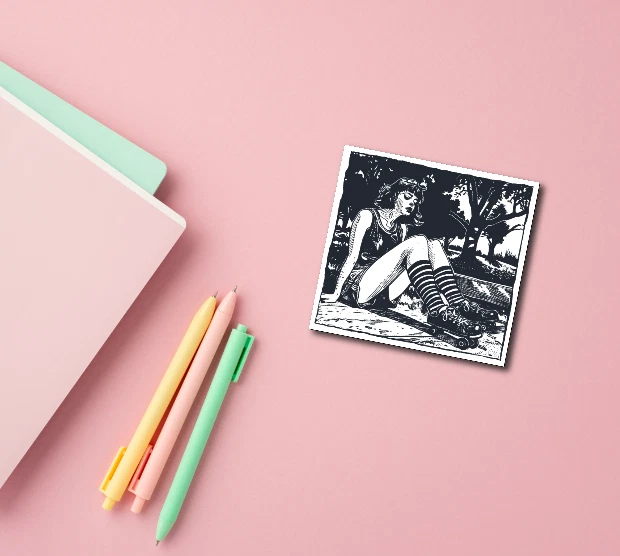 Tarjeta de patinaje sobre ruedas efecto linocut blanco y negro mujer estilo vintage Foto 2 de 2