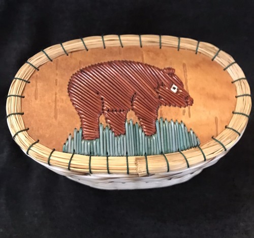 Native American Ojibwa Signed Quill & Birch Bark Basket