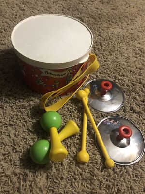 Vintage Fisher Price Marching Band Drum Set 1979 Tambourine Cymbals Maraca Strap