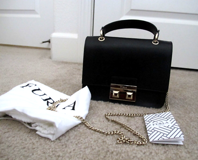FURLA Mini Bella Leather Top Handle Chain Bag Black NEW