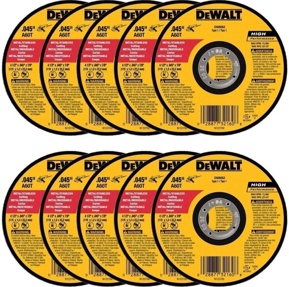 DEWALT DW 8062 4 1/2" X .045" X 7/8" Thin Cut Off Wheels 100 Pack