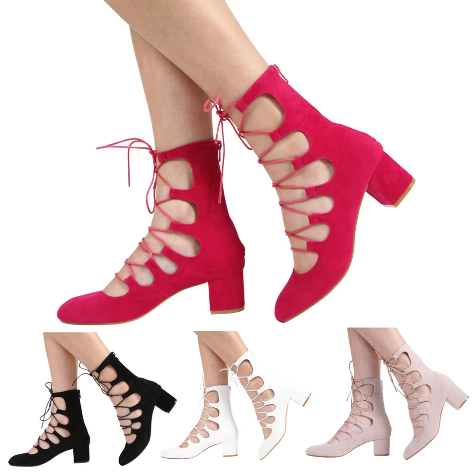 WOMENS ZIP UP MID BLOCK HEEL CUT OUT LADIES LACE UP ANKLE SANDAL SHOES SIZE 3-8