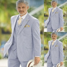 3Pcs Cotton Seersucker Suits for Men Sky Blue Business Men Suits Wedding Tuxedos
