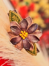 Handmade Leather Bracelet Brown Flower With Green Leafs. Adjustable  122 