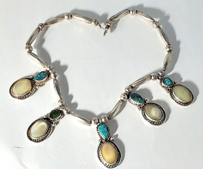 Vtg Sterling Silver OLD PAWN Navajo Turquoise Squash Blossom Necklace Lot 16''