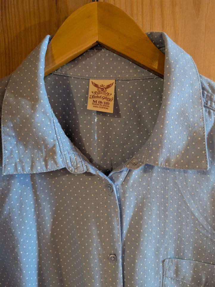 Faded Glory Blue White Polka Dot Button Up Tie at Waist Women's Blouse Size M - Image 3 of 3