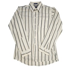 Towncraft Mens Striped Button Down Shirt White Blue Olive 15.5 34/35 Long Sleeve