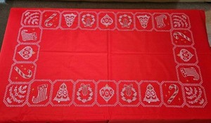 Vtg Bucilla HOLIDAY ORNAMENTS Red X Stitch Tablecloth 52"x68" Finished Christmas