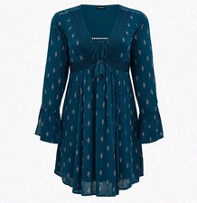Torrid Mini Gauze Lace-Up Skater Dress Size 2 Teal Split Sleeve