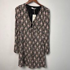 MANGO Women's Size S Flowy Geometric Print V-Neck Sheath Dress, Beige, NWT