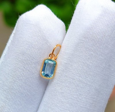 18k Solid Gold Charm Natural Blue Topaz Gemstone Charm Handmade Necklace Pendant