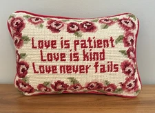 Lillian Vernon Wool Needlepoint Embroidered Pillow “LOVE IS PATIENT” Bible Quote