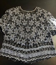 Vintage Papell Boutique Evening 100 Silk Beaded Top Black Silver Floral 1X