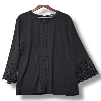 KARL LAGERFELD PARIS Black Lace Trim Bell Sleeve Blouse Top XL Quiet Luxury Chic