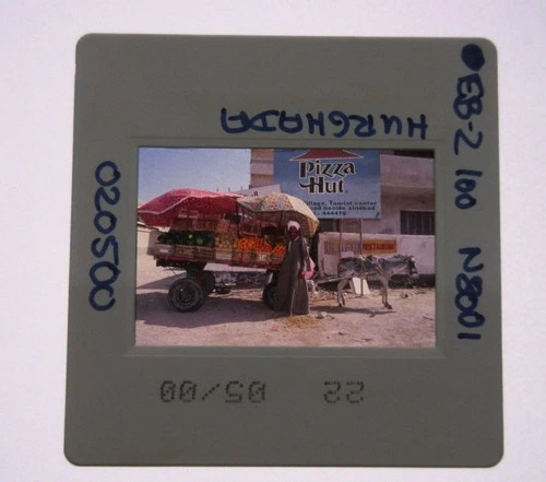 Orig Slide & Photo Street Scene in Hurghada, Egypt, Pizza Hat Sign Man Donkey