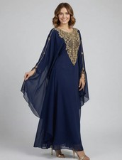 Elegant Navy Blue Kaftan Stylish Islamic Moroccan Dubai Abaya Georgette Eid SALE