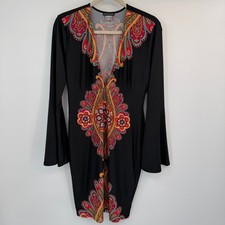 Venus Womens Medium Black Paisley Print Deep V-Neck Bell Sleeve Mini Dress