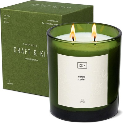 Craft & Kin 12oz Nordic Cedar Candle for Home | Premium Green Scented 