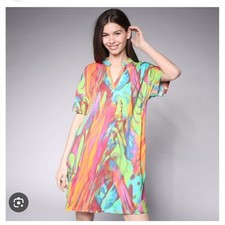 NATORI  Paradise Cotton Dress Split Crewneck Watercolor Sz LARGE