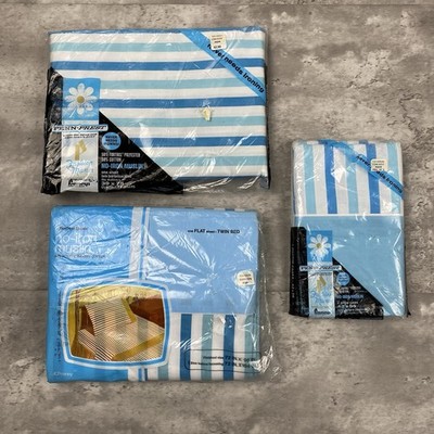 vintage JC Penney Fashion Manor Twin bed fitted sheet pillow case Aqua Stripes
