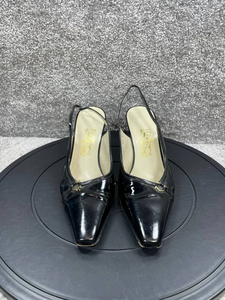 Salvatore Ferragamo Tacones Mujer Talla 8.5 B Gancini Pump Cuero Negro Cordones Foto 4 de 4