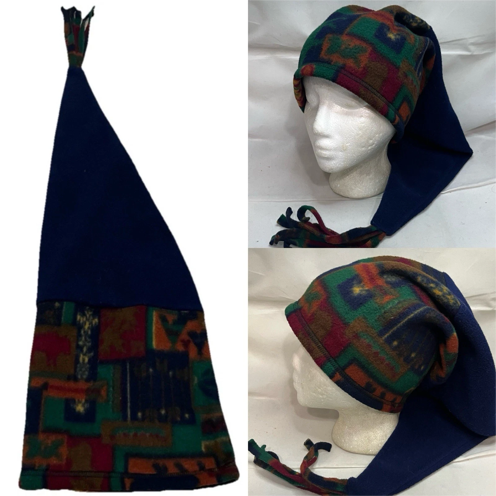 Vtg 90s Long Tail Fleece Elf Hat Beanie Aztec Print Snowboard Ski Jester Cap