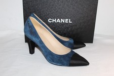 Chanel Black Cap Toe Gabriella Pumps Heels Navy Blue Suede 38 w Box