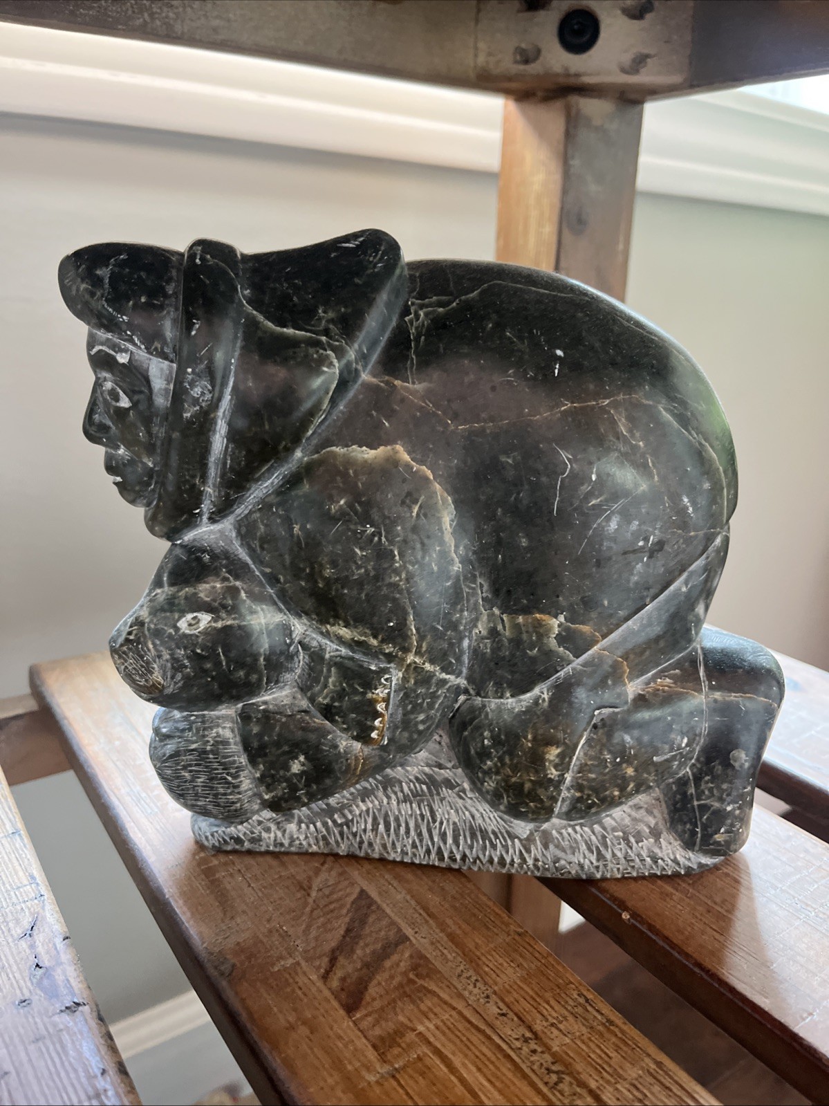 Gift Antique Inuit Stone Carving Seal Hunter  Soapstone Folk Art- SIGNED- Rare