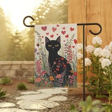 Black Cat in Wildflower Garden Garden Flag - Floral Hearts House Banner - Valent